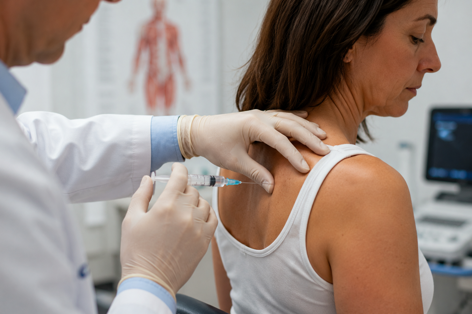 Médico ortopedista realizando procedimento de infiltração no ombro em paciente no consultório.